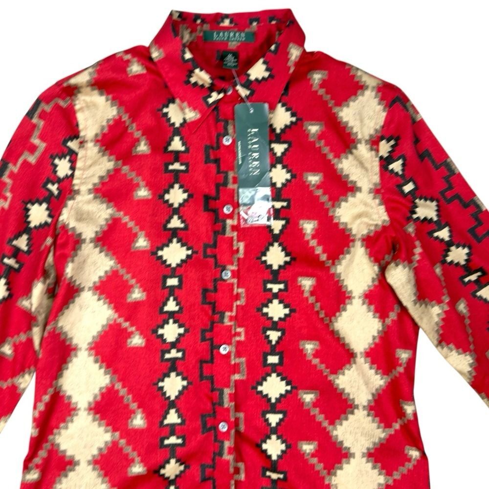 Lauren Ralph Lauren Aztec Print Shirt M Red Western‎ Button Down NWT
